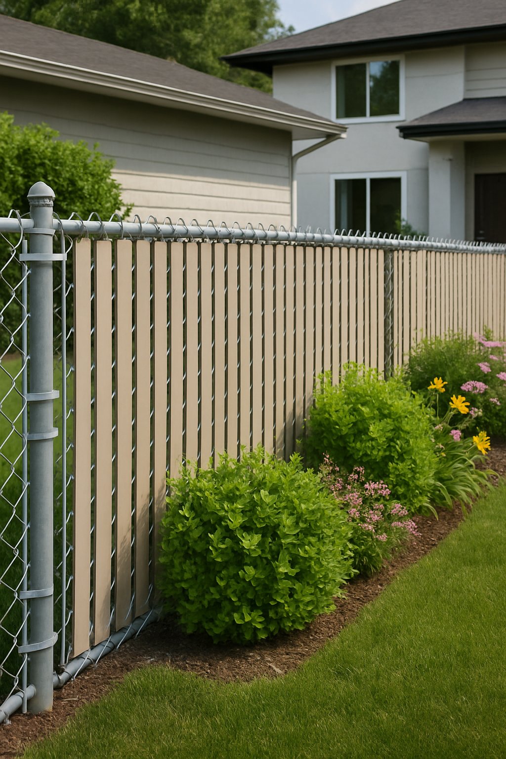 Front yard with a chain link fence fitted with privacy slats, surrounded by green plants and a house in the background.