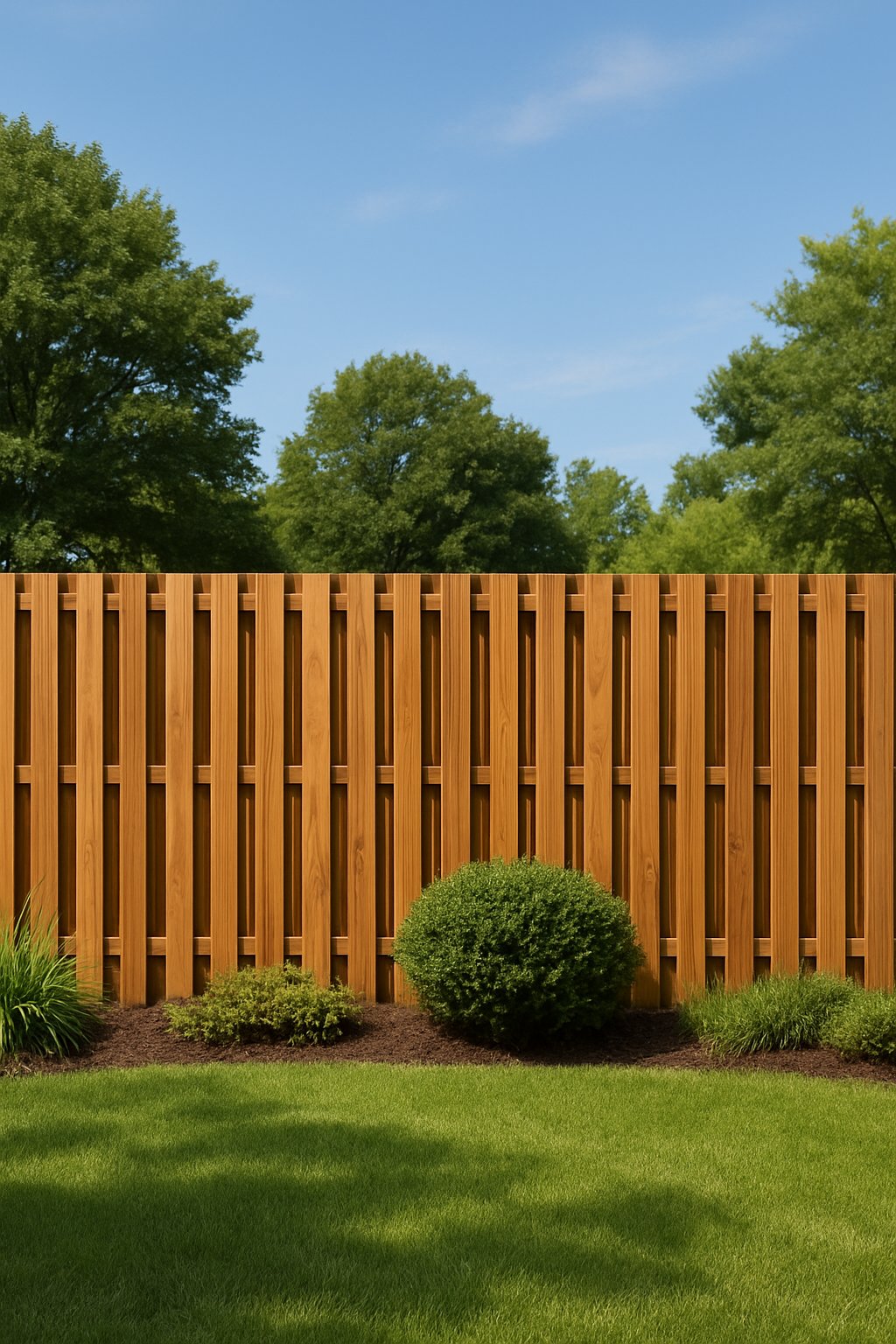 Front yard with a wooden shadowbox fence featuring alternating slats that provide privacy on both sides, surrounded by green lawn and plants under a clear sky.