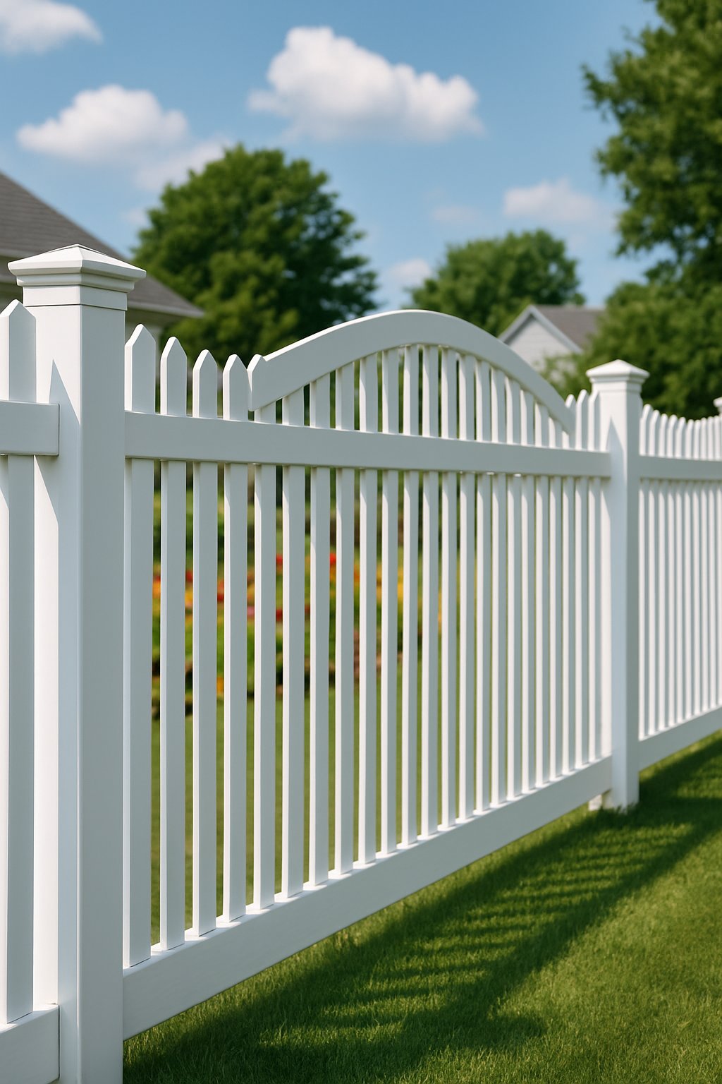 A white vinyl picket fence with an arched top in front of a green lawn and colorful flower beds under a blue sky.