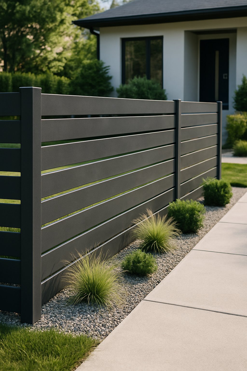 A front yard with a modern steel fence, green grass, shrubs, and a house entrance in the background.