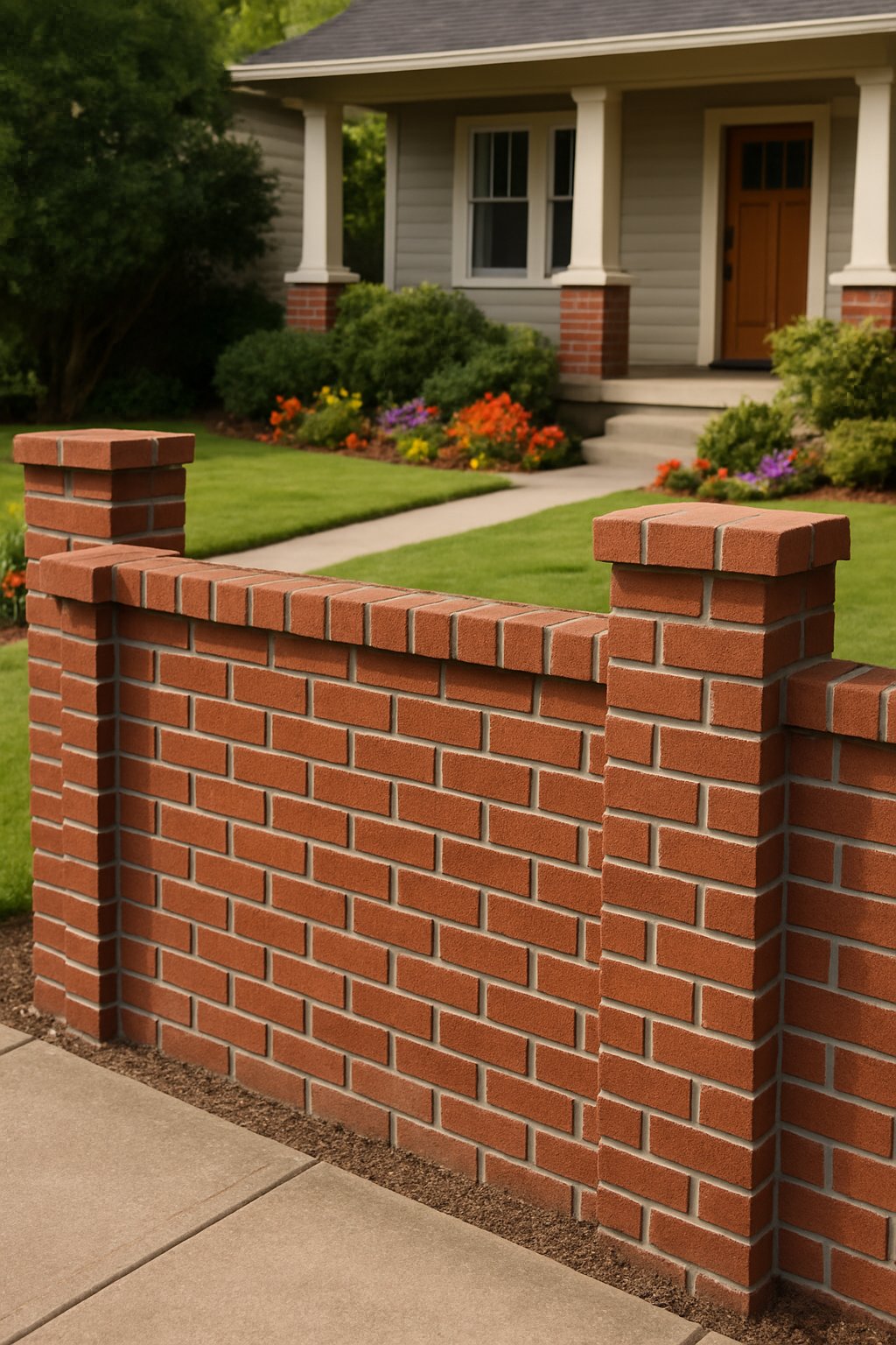 A sturdy brick fence surrounding a front yard with grass, flowers, and a pathway leading to a house.