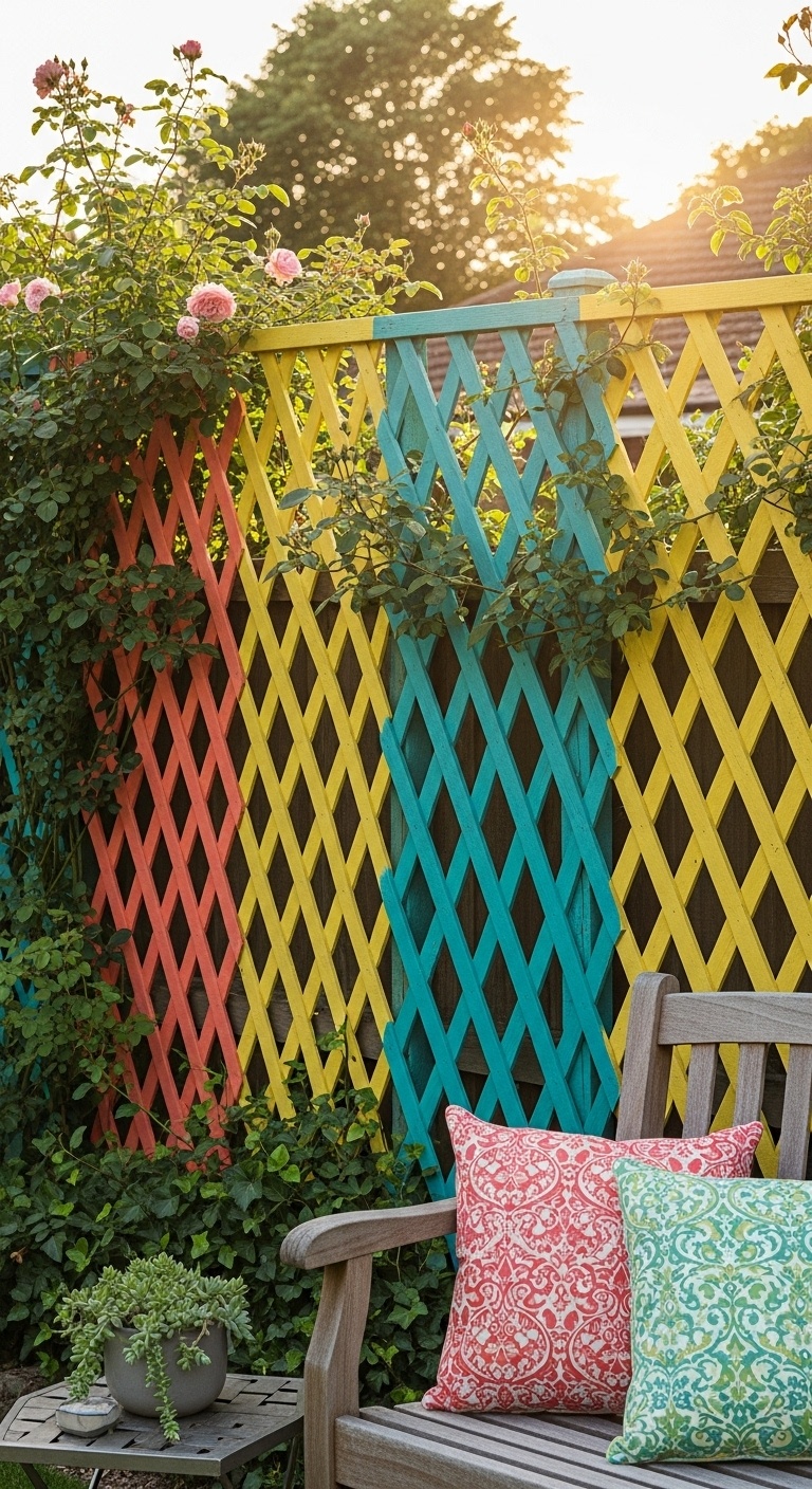 Colorful lattice fence painted in unexpected hues like teal or coral