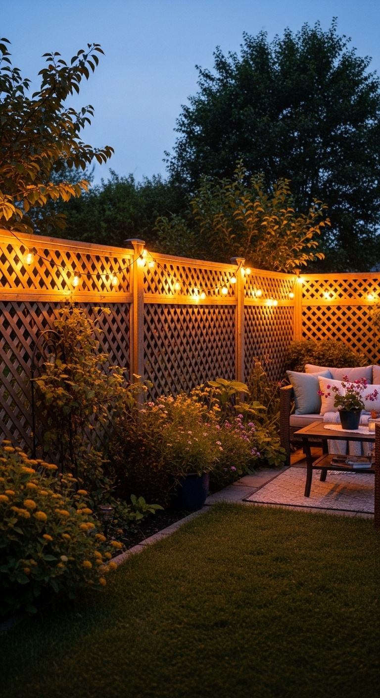 Lattice fence combined with string lights