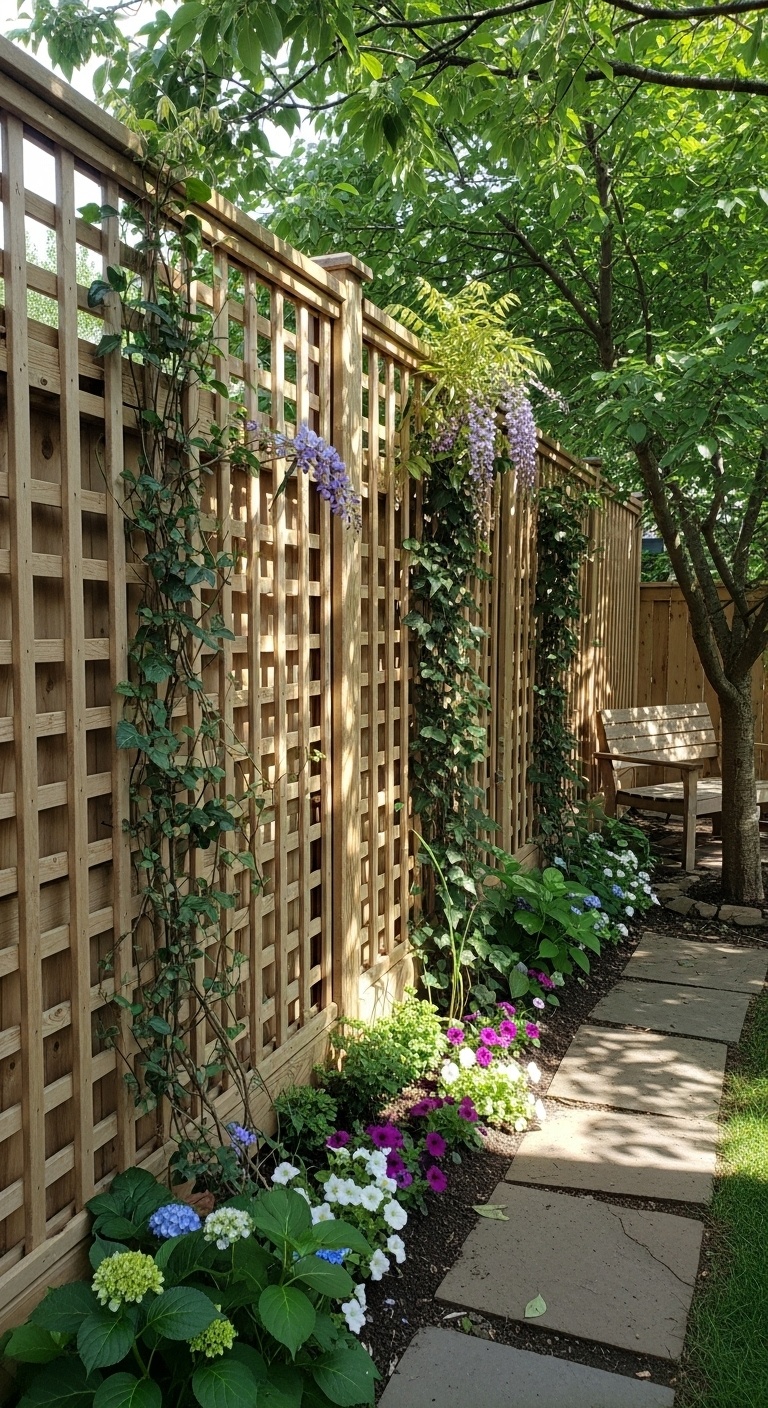 Natural wood lattice with vines