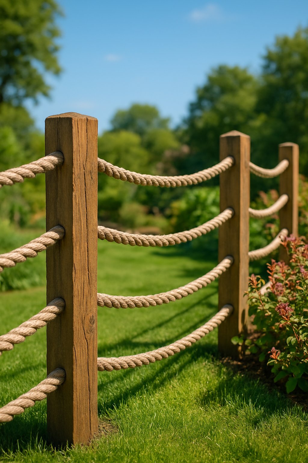 A wooden post fence with thick natural ropes strung between them in a sunny garden with green grass and plants.