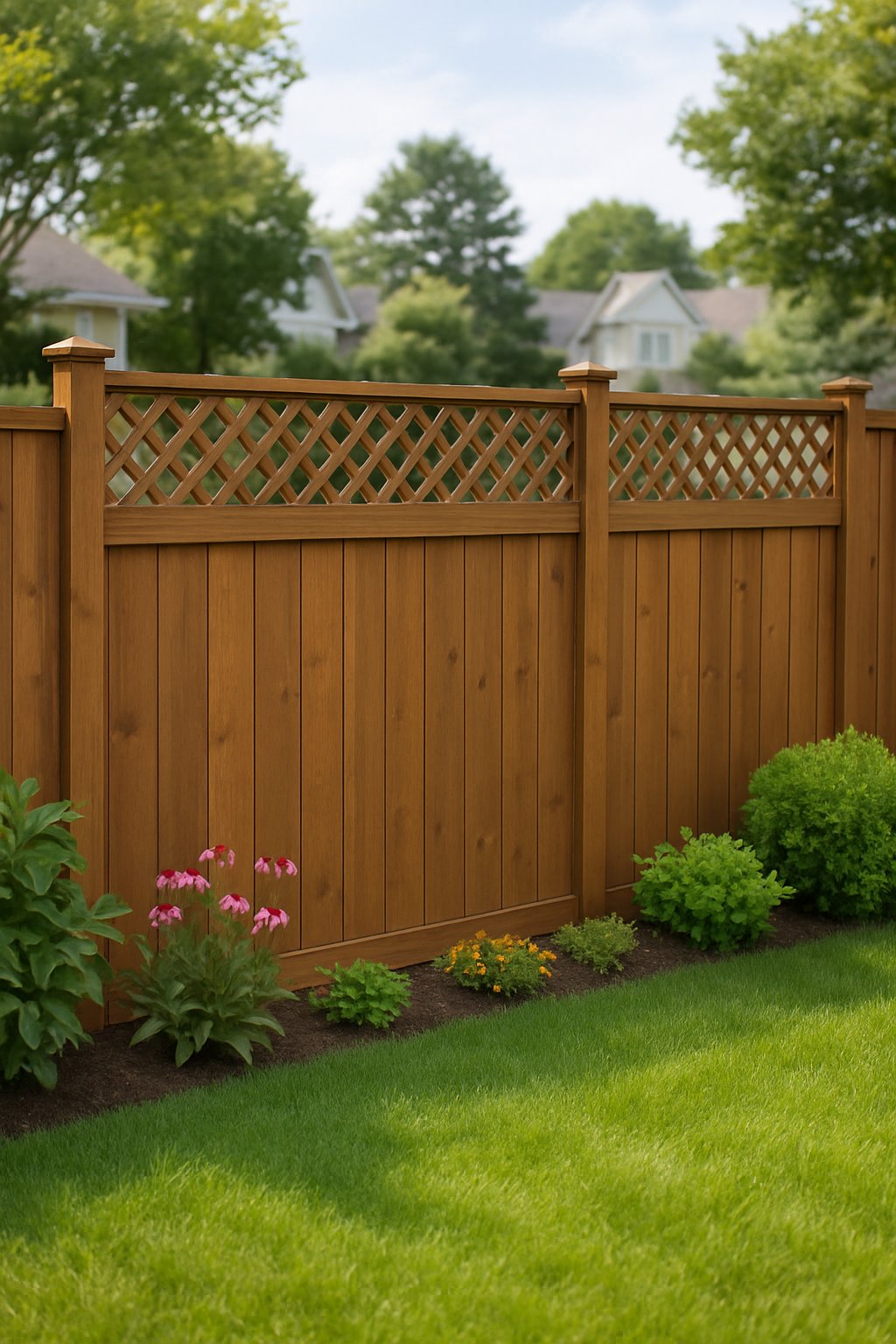 A backyard with a medium-height wooden fence featuring a solid bottom and lattice top, surrounded by grass and garden plants.