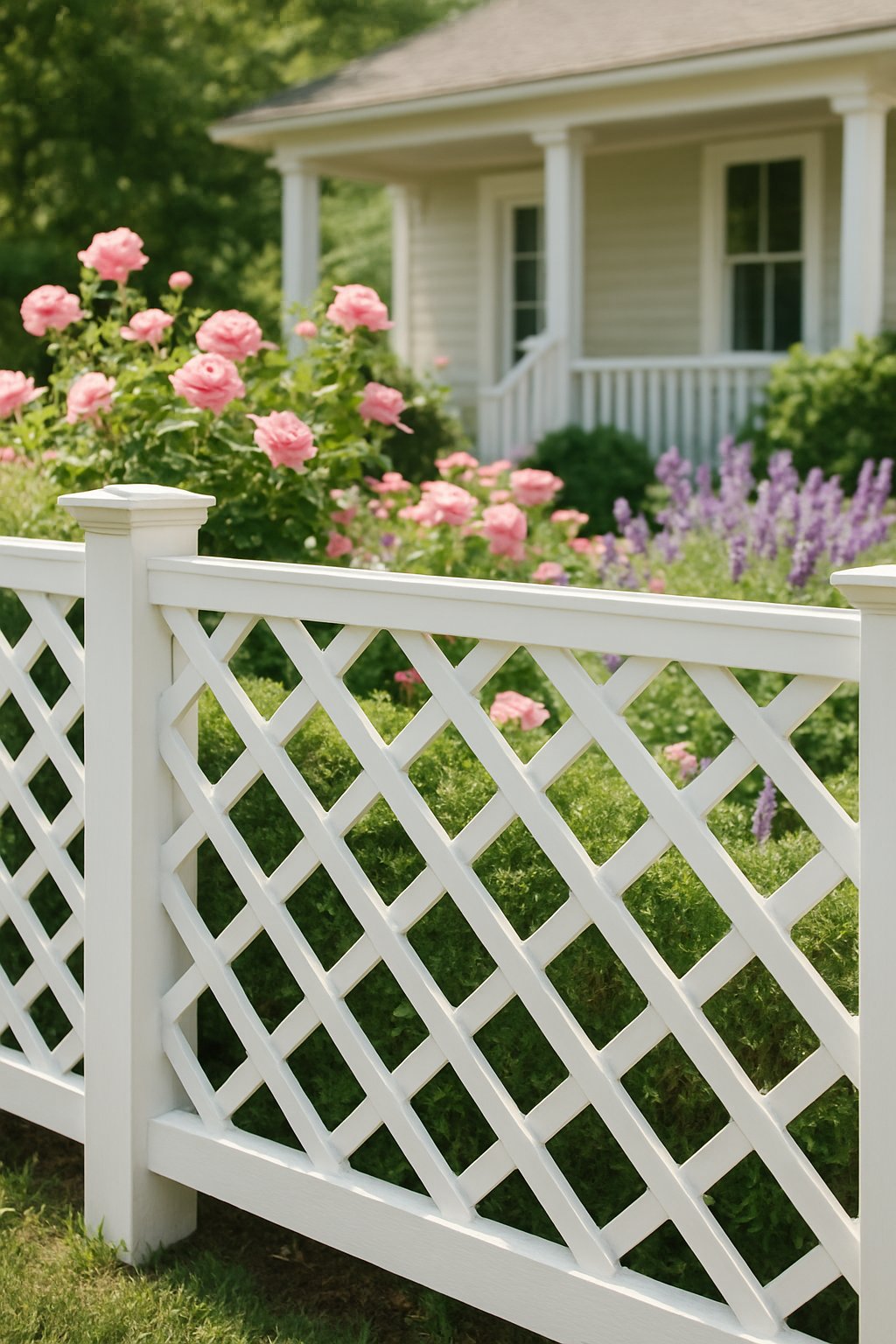 White lattice fence surrounding a garden with green shrubs and colorful flowers in front of a cottage.