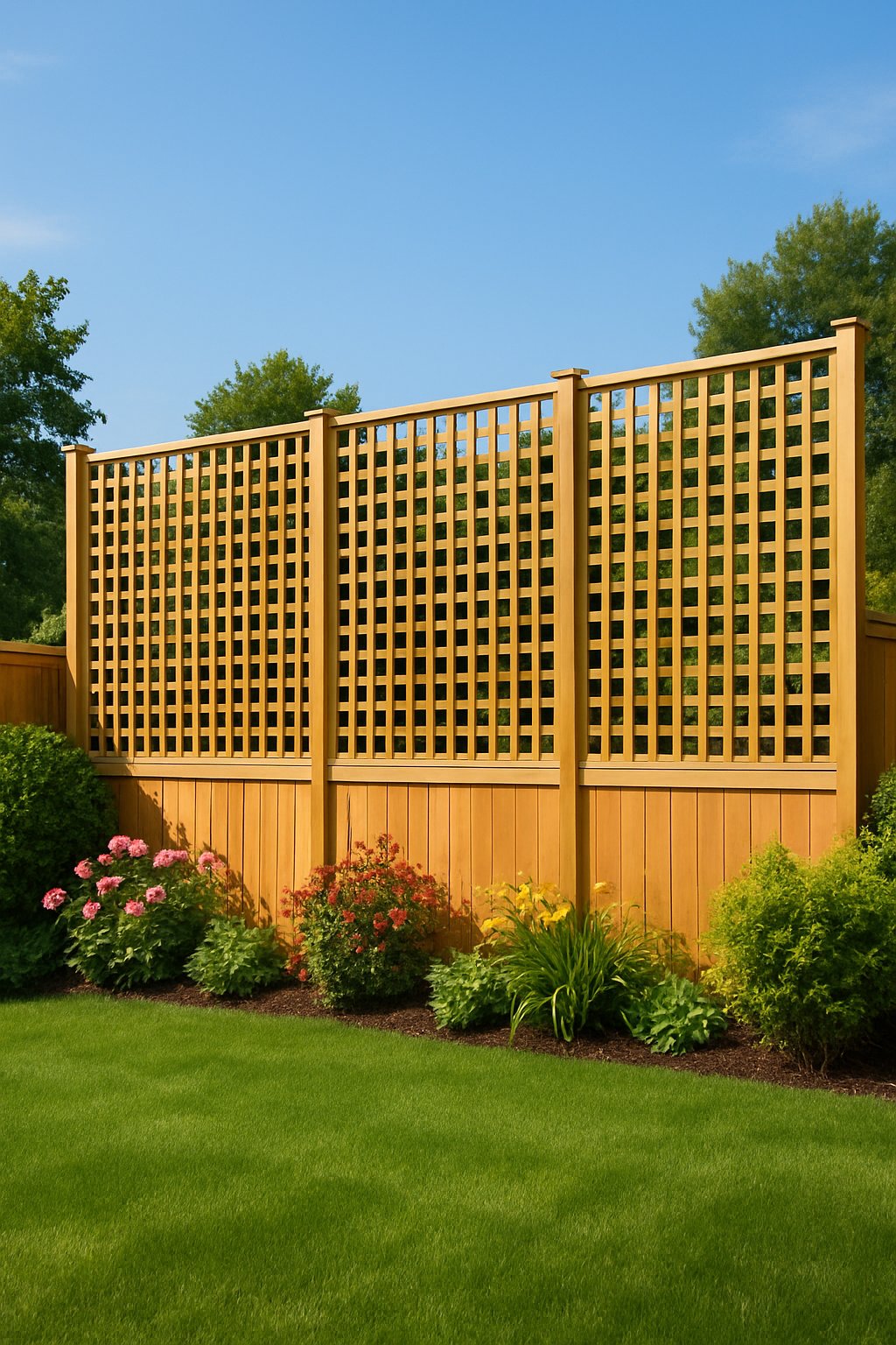 A backyard with vertical wooden lattice panels along a fence, surrounded by green grass and flowering plants under a clear sky.