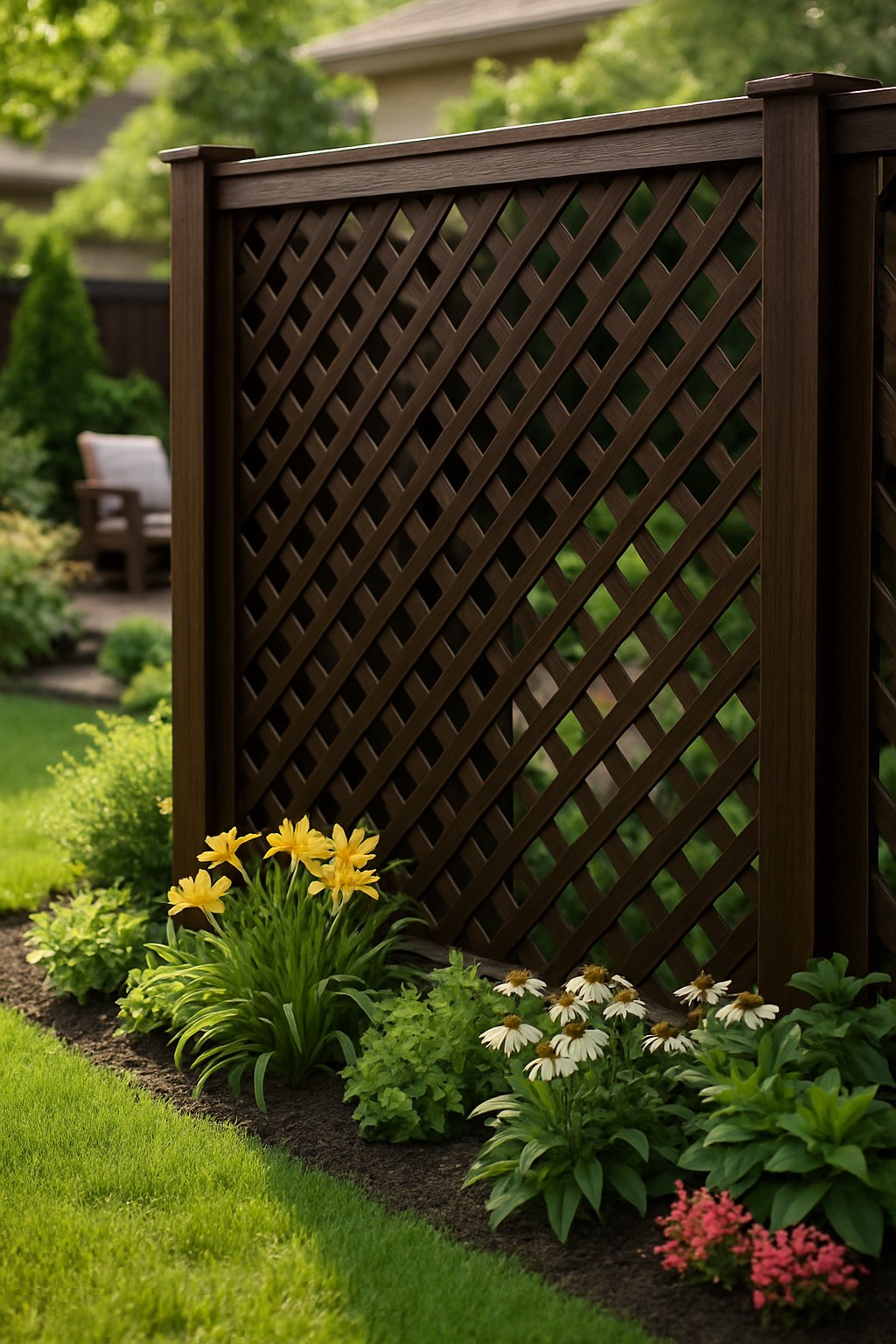 Backyard with a dark stained wooden lattice fence surrounded by green plants and colorful flowers.