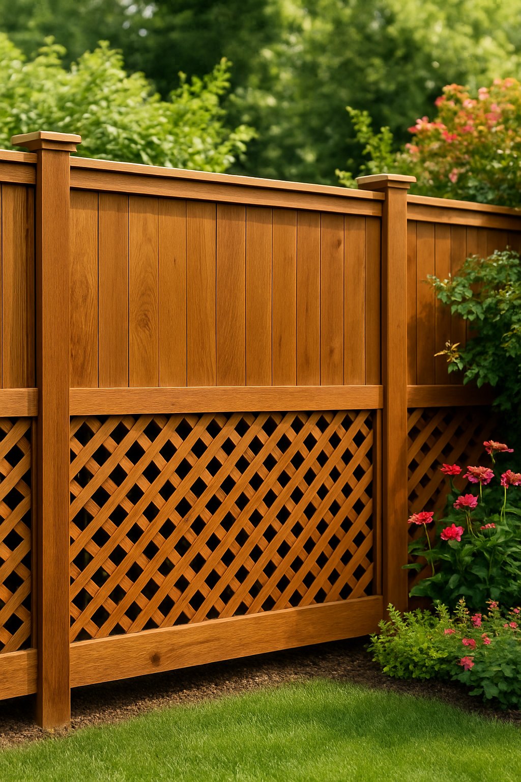 A wooden fence with a lattice bottom and solid wood top surrounded by garden plants.