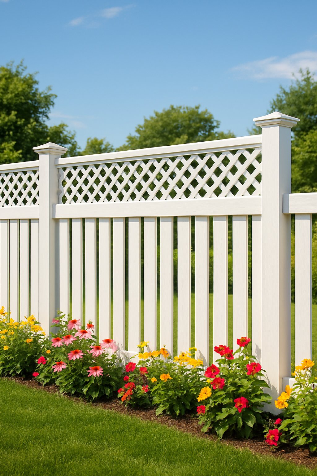 White picket fence with lattice topping in a sunny garden with green grass and colorful flowers.
