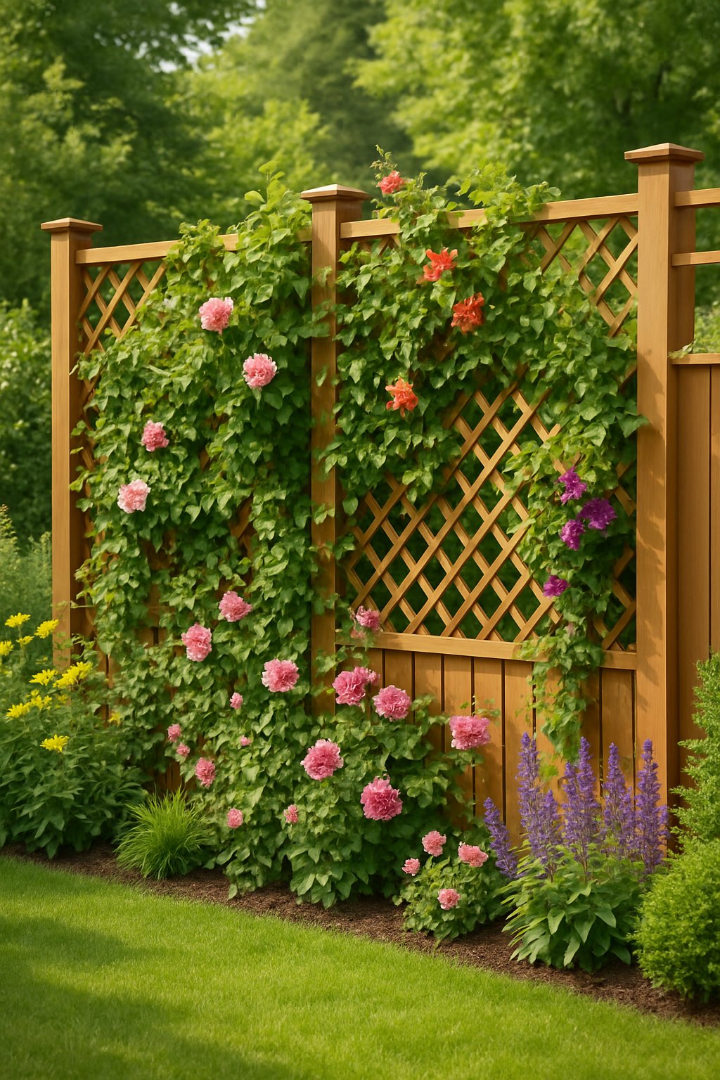 A wooden lattice fence with climbing plants and flowers in a sunny backyard garden.