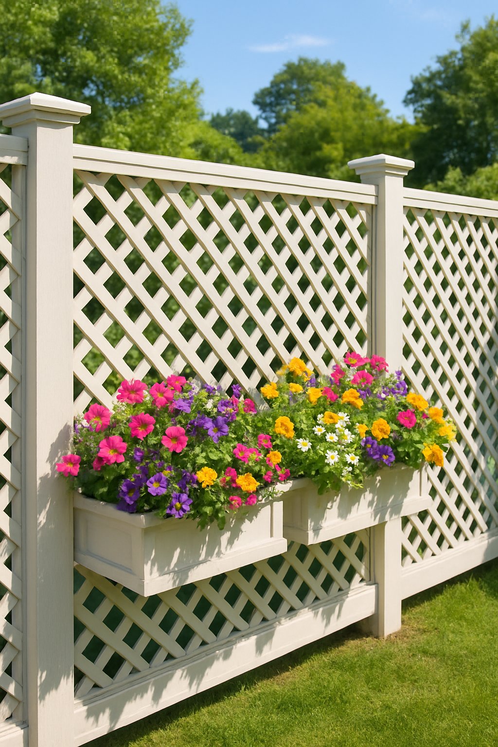 A white lattice fence with built-in flower boxes filled with colorful blooming flowers in a sunny garden.