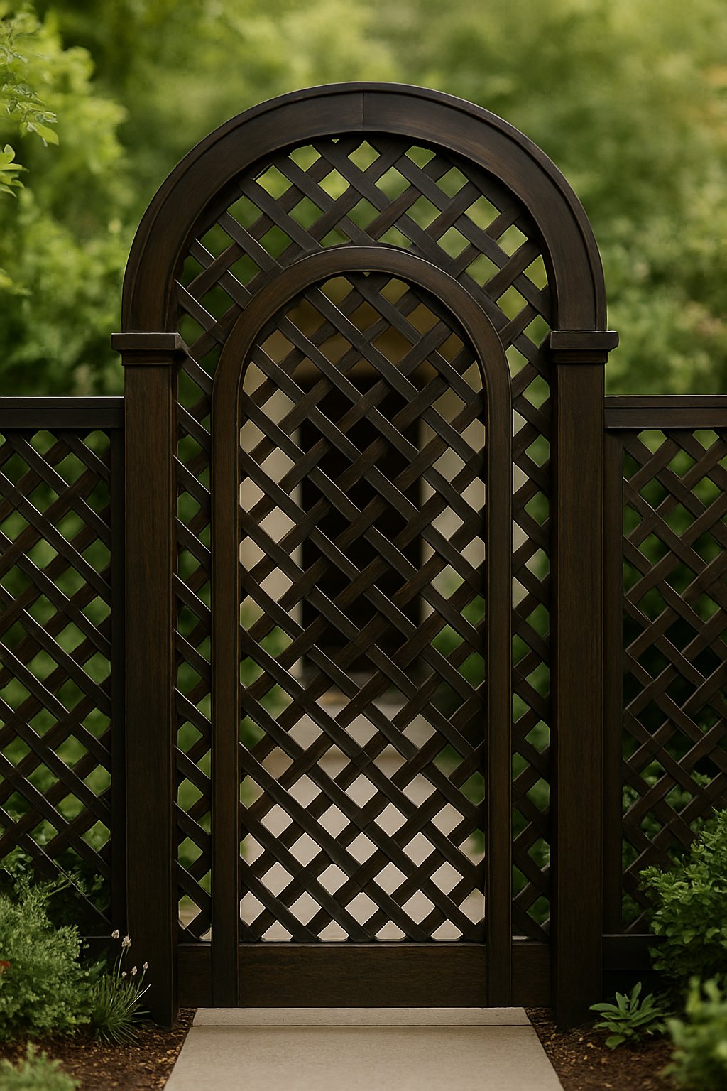 An arched wooden lattice gate with a matching fence in front of a garden entrance.