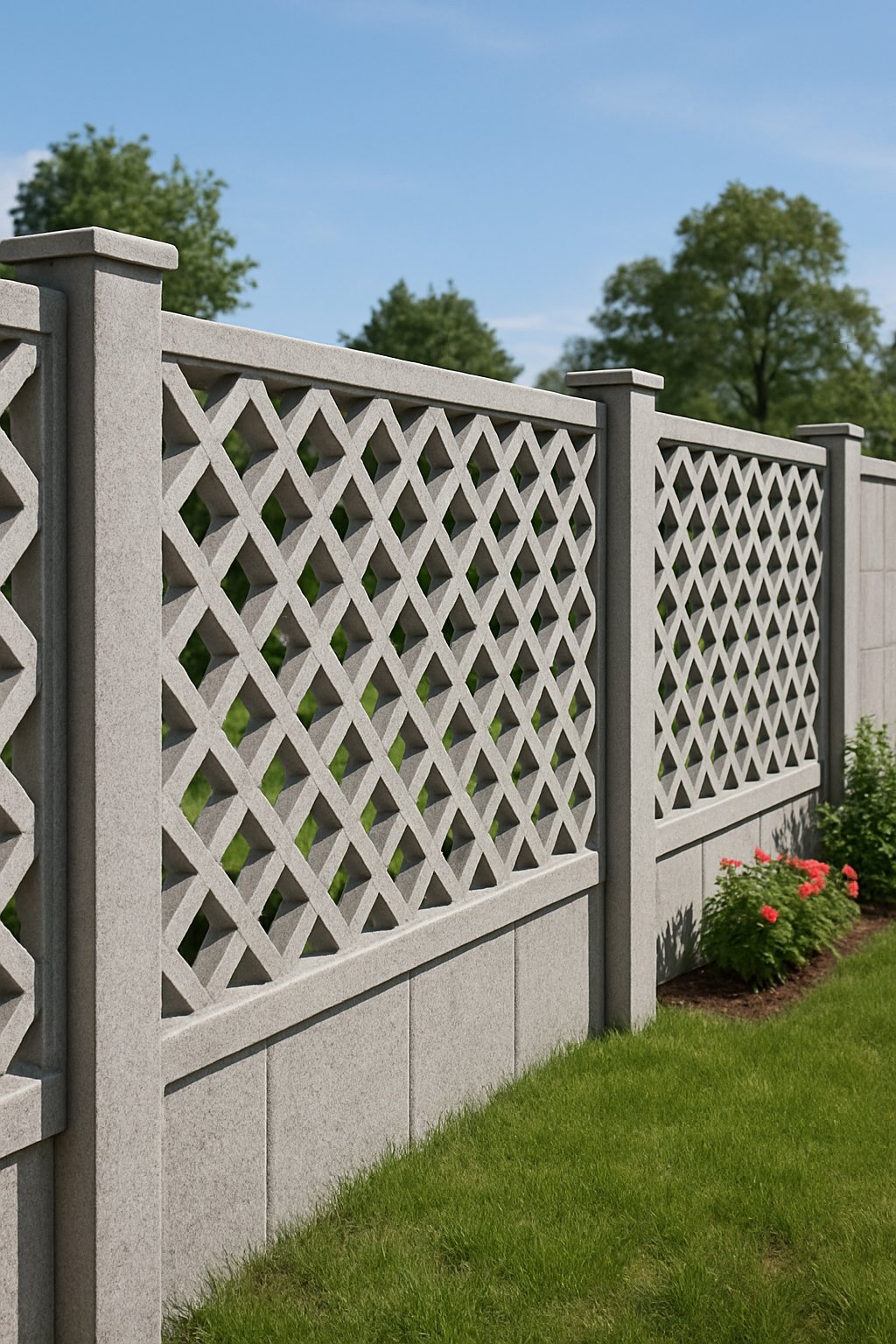 A concrete post lattice fence with geometric patterns surrounding a garden with grass and flowers under a clear sky.