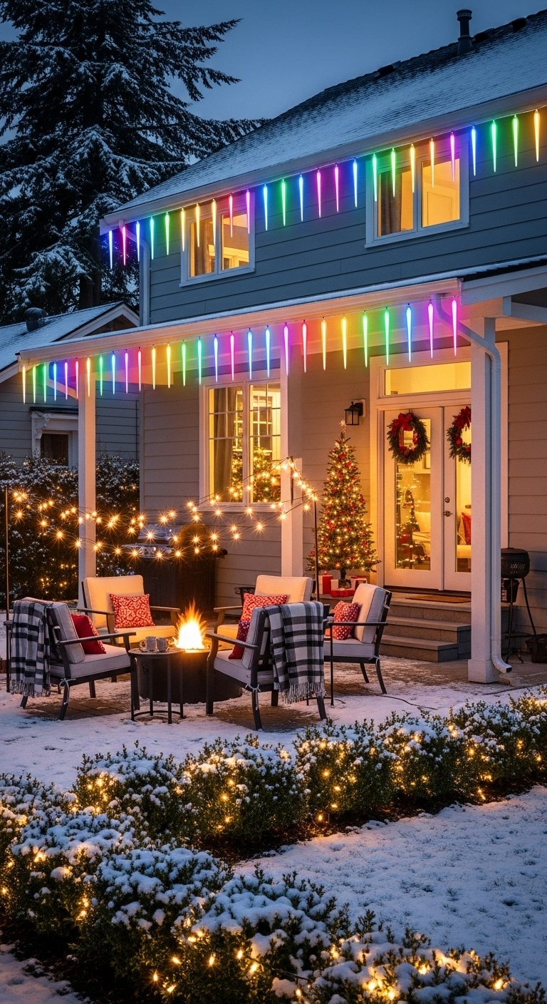 Colorful LED icicle lights hanging from the eaves of a house outdoors at night with snow on the roof.