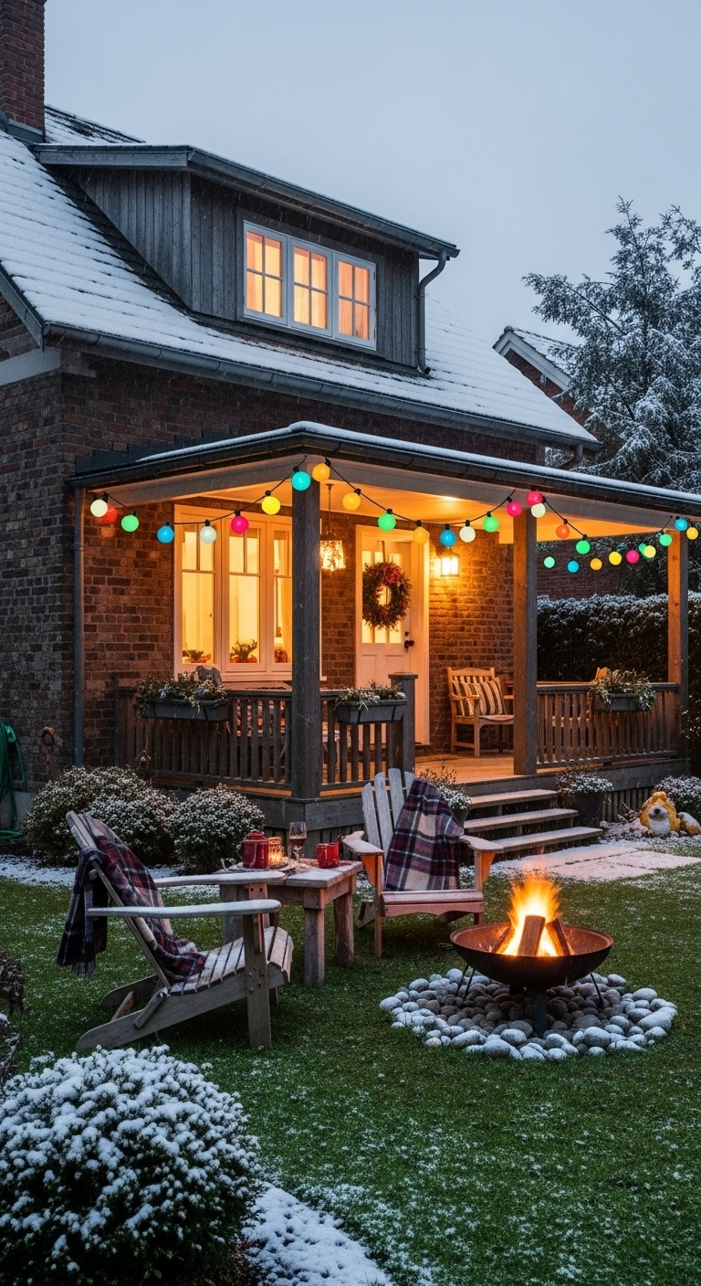 Multicolor globe string lights zigzagged across the porch