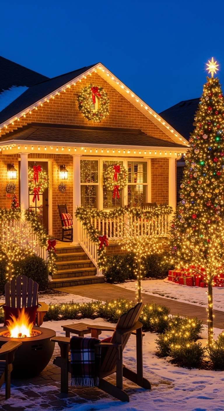 Wreaths adorned with mini LED lights on the front door