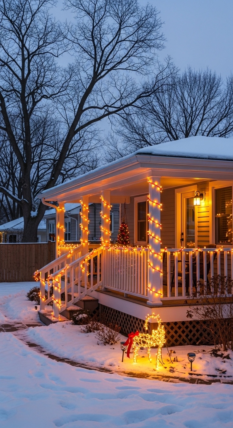 Wrapped light strands around porch railings in candy cane pattern