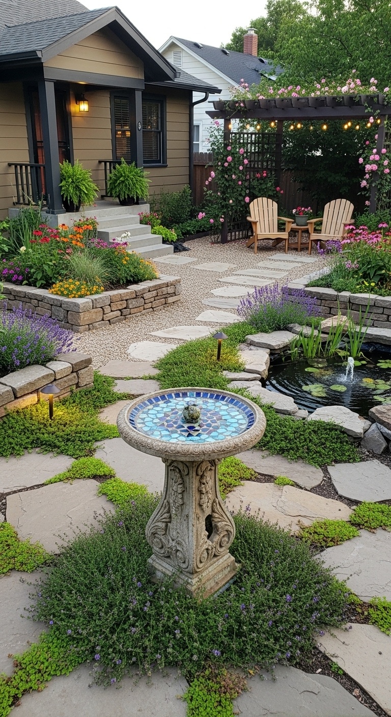 Start with a focal point—think a crazy cool sculpture or a vintage birdbath