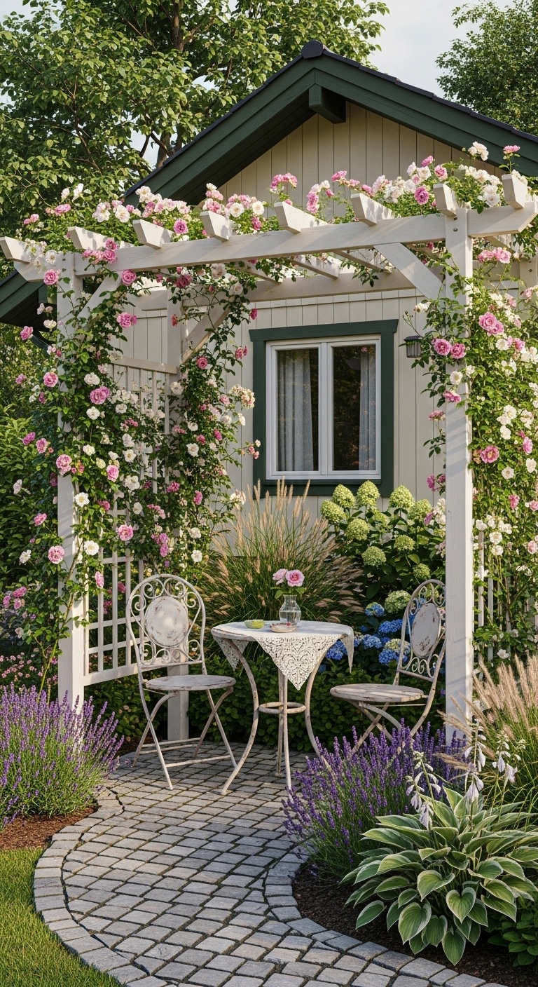 Create a cozy nook with a pergola wrapped in climbing roses—instant romance