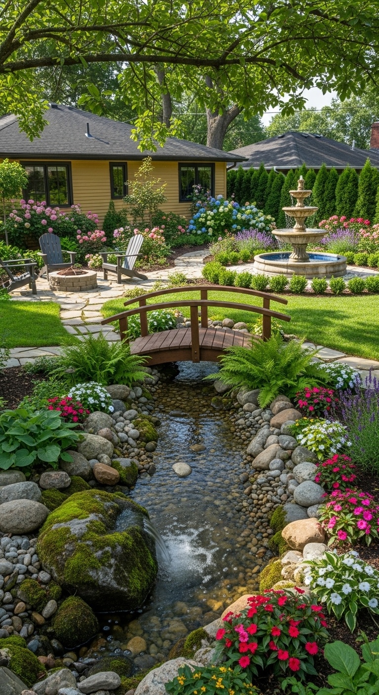 Add a water feature—like a bubbling brook or classic fountain—to soundtrack your garden chill sessions
