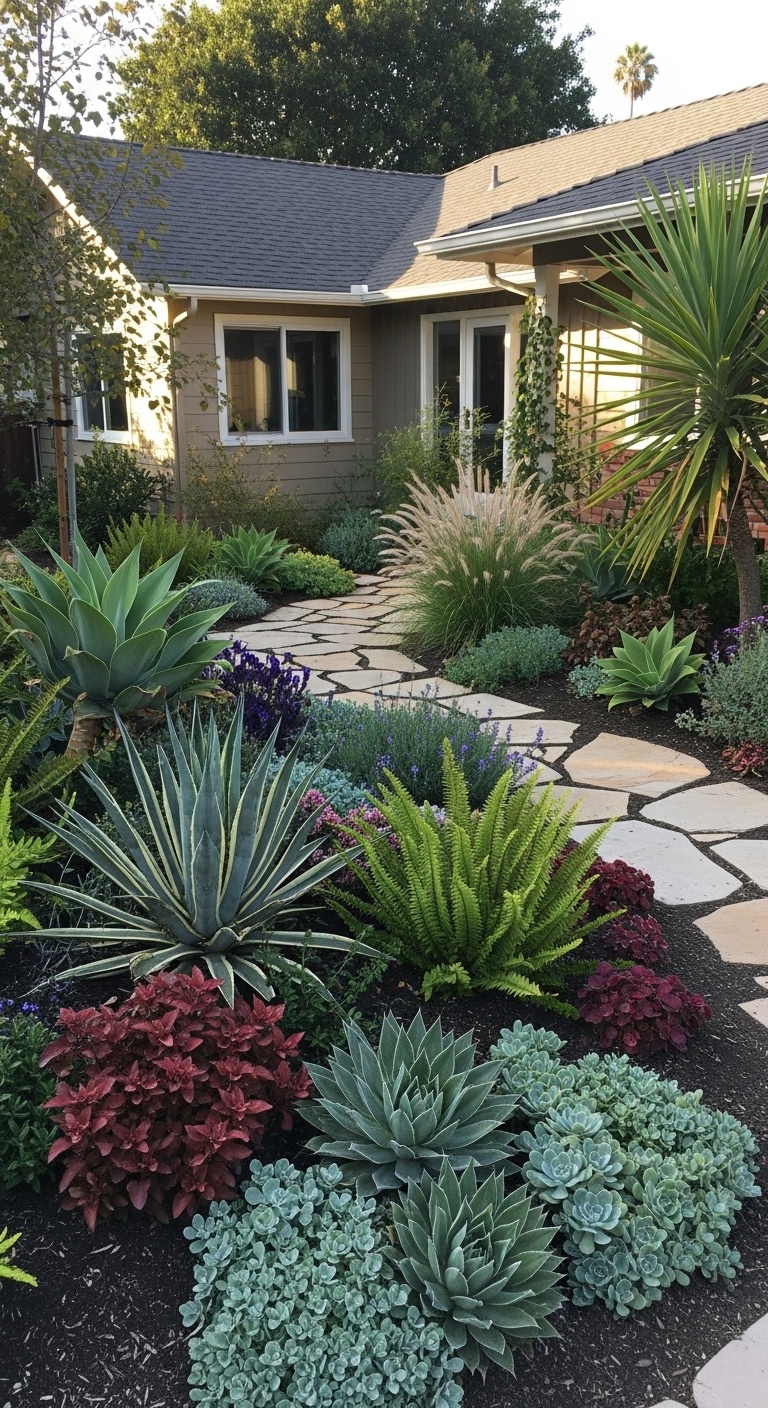 Mix plant textures: spiky succulents next to soft ferns make your eyes do a happy dance