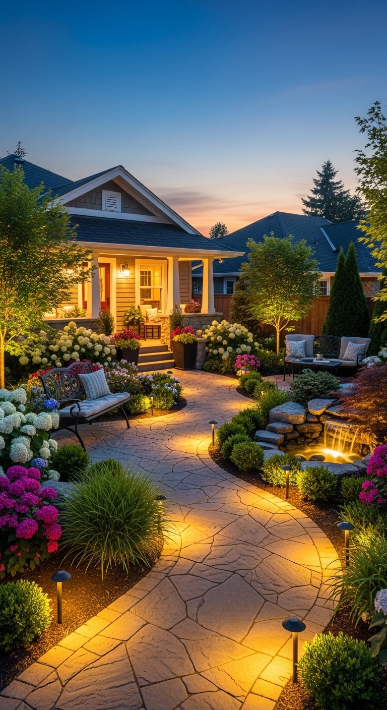 Line pathways with LED solar lights for magical twilight strolls