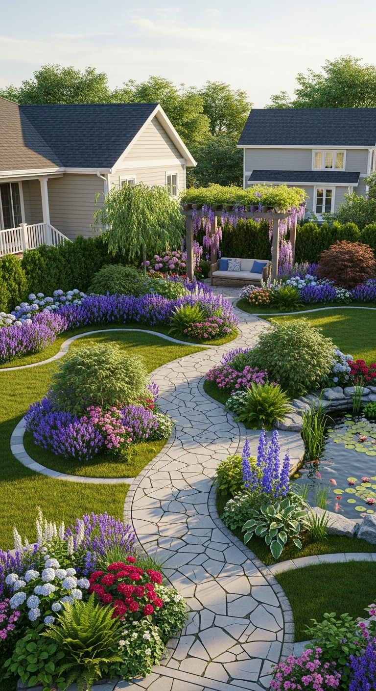 Use curved lines in your landscape instead of straight ones for a softer, more natural feel