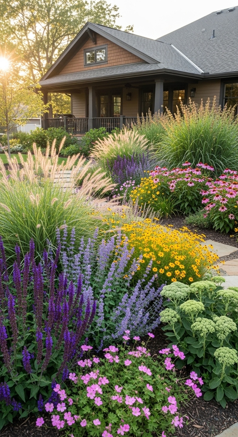 Try combining ornamental grasses with flowering perennials for year-round interest