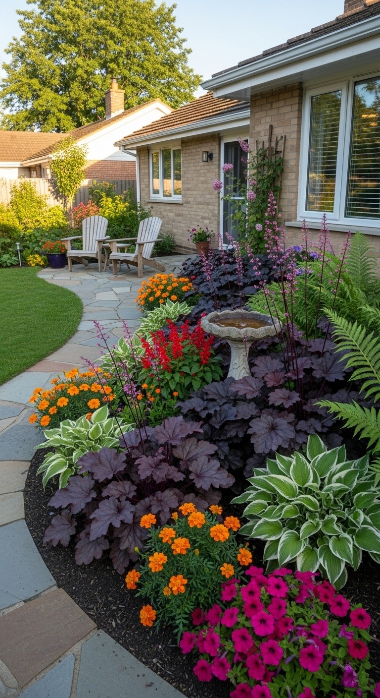 Go for contrasting foliage—dark leaves against bright blooms give instant drama