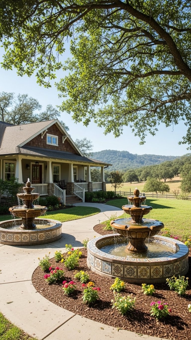 Rustic patterned tile fountains as focal points