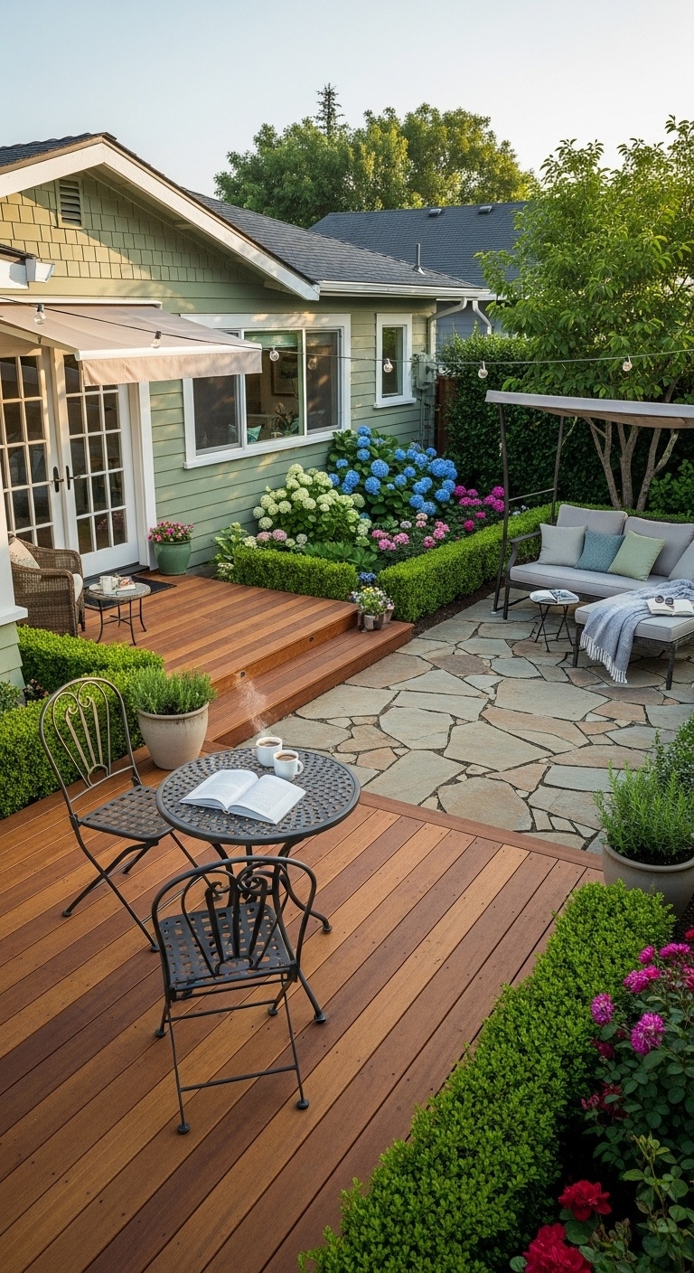 Use decking or patio areas to create outdoor ‘rooms’ for sipping coffee or pretending to read