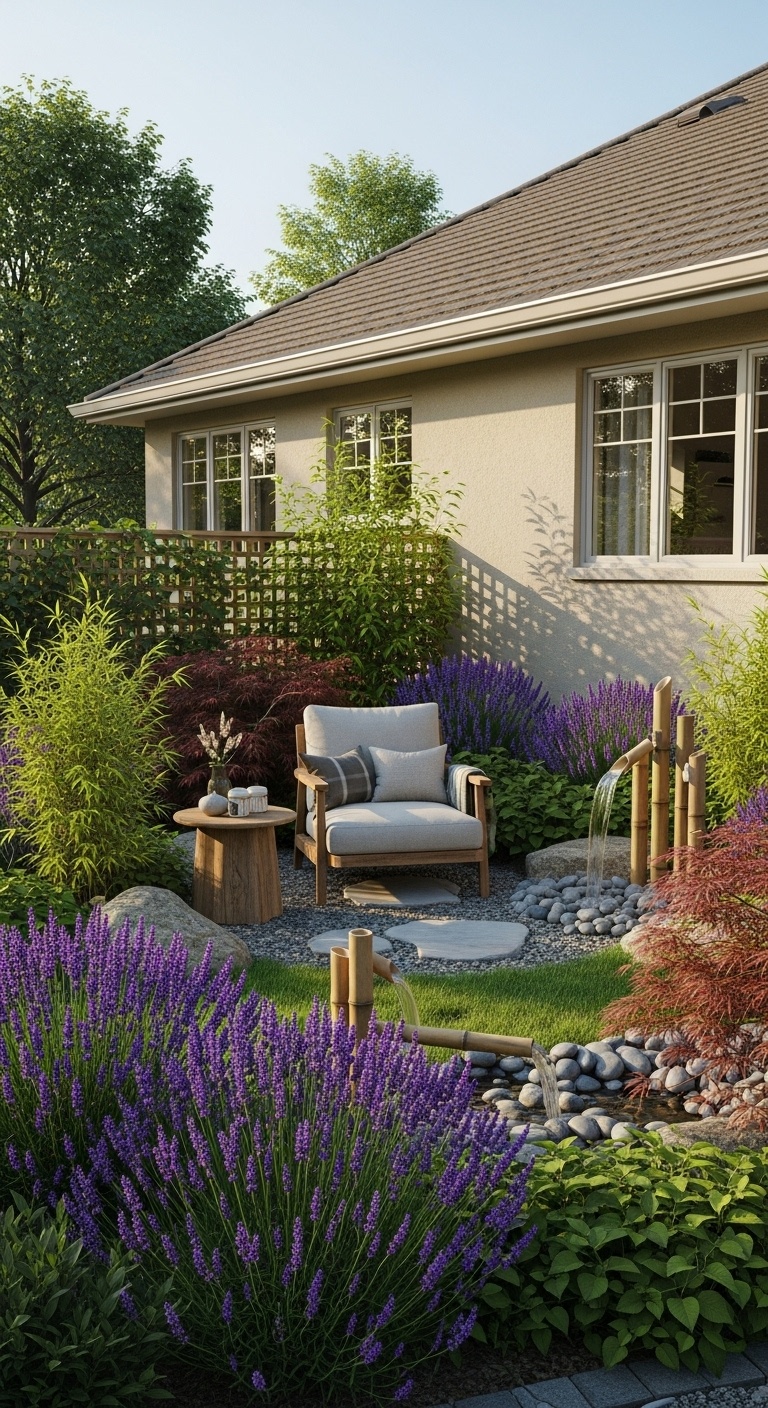 Designate a quiet meditation spot with comfy seating and Zen plants like lavender