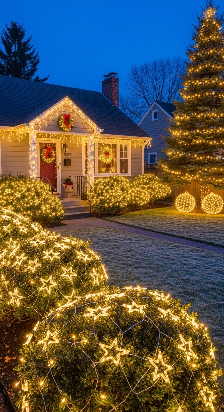 Star-shaped net lights draped over bushes