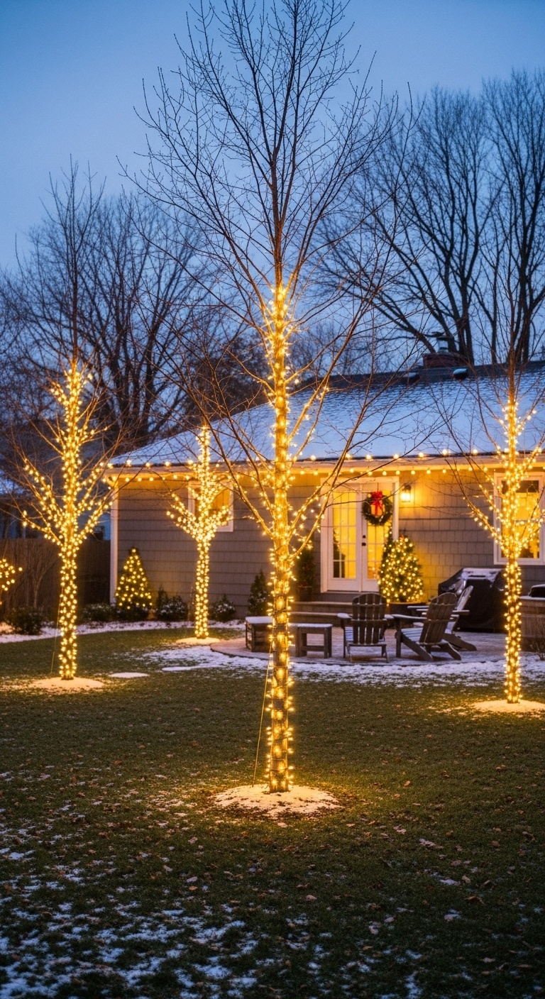 Classic white string lights wrapped around tree trunks