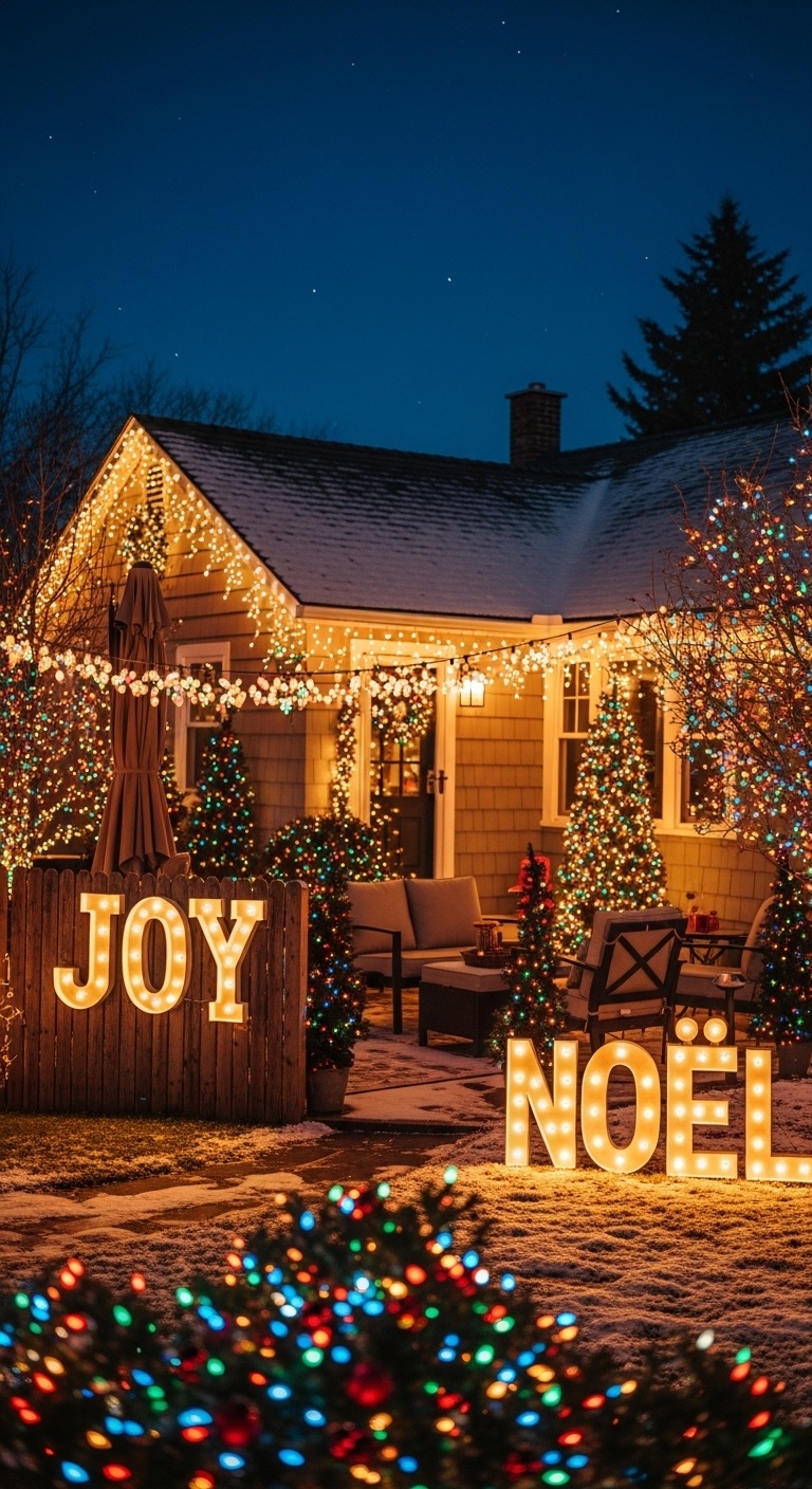 Marquee-style light-up holiday signs like “Joy” or “Noel”