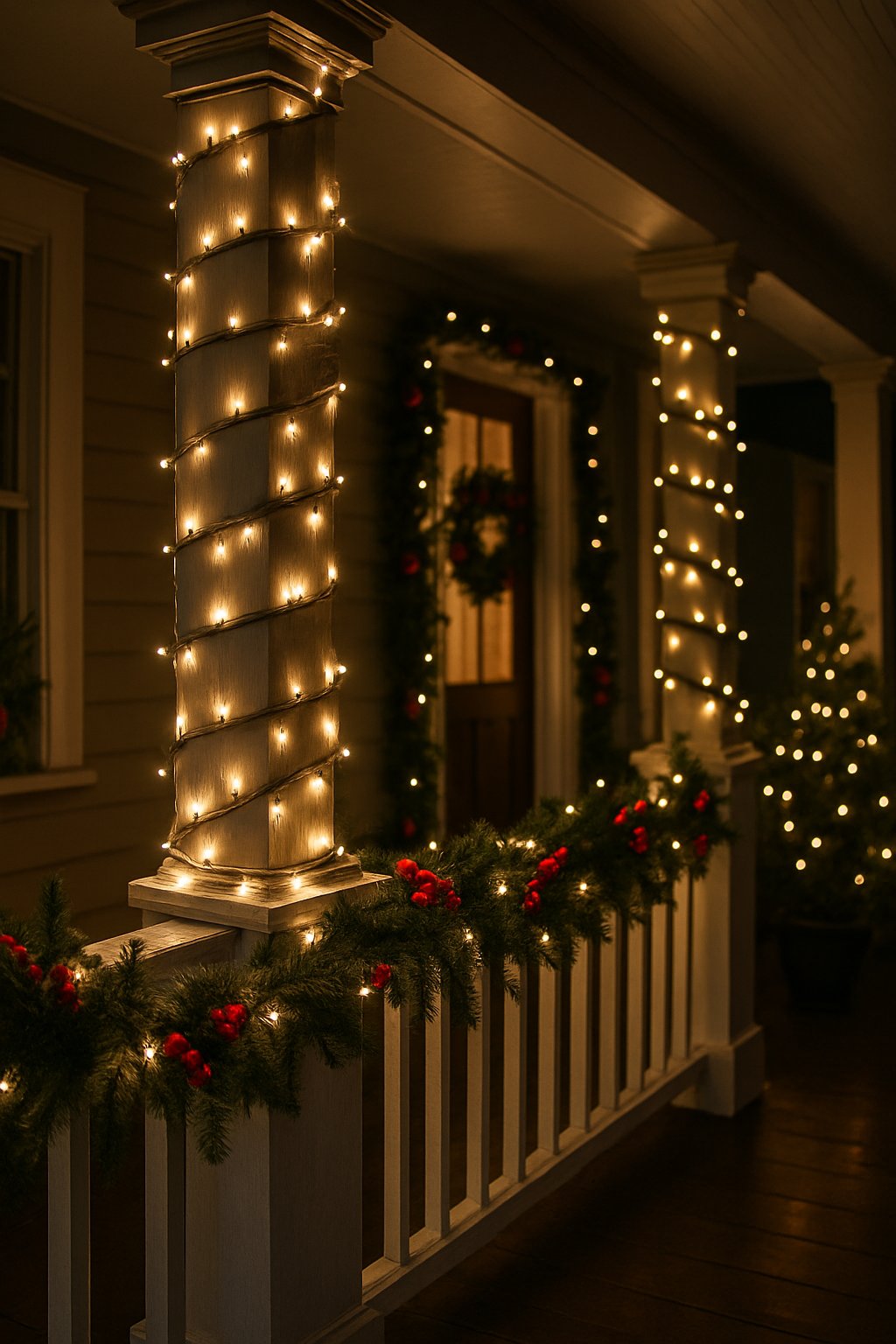 Porch columns wrapped with twinkling white fairy lights and decorated with pine garlands and red berries for Christmas.
