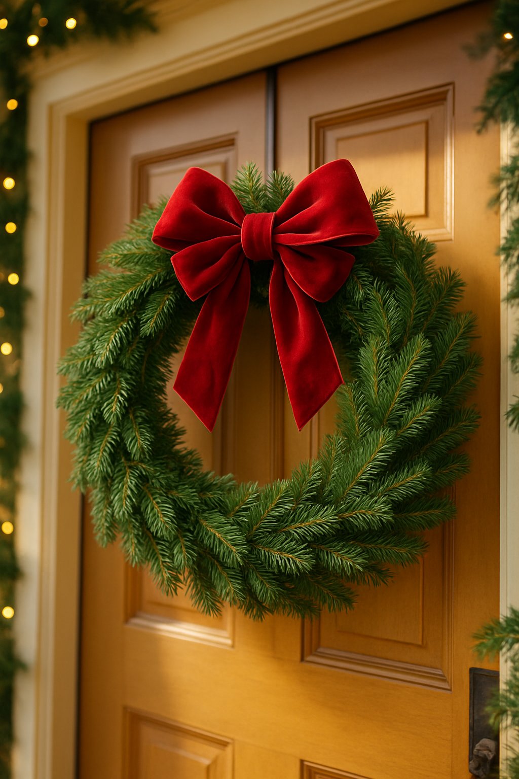 A classic pine wreath with a red velvet bow hanging on a front porch door decorated for Christmas.
