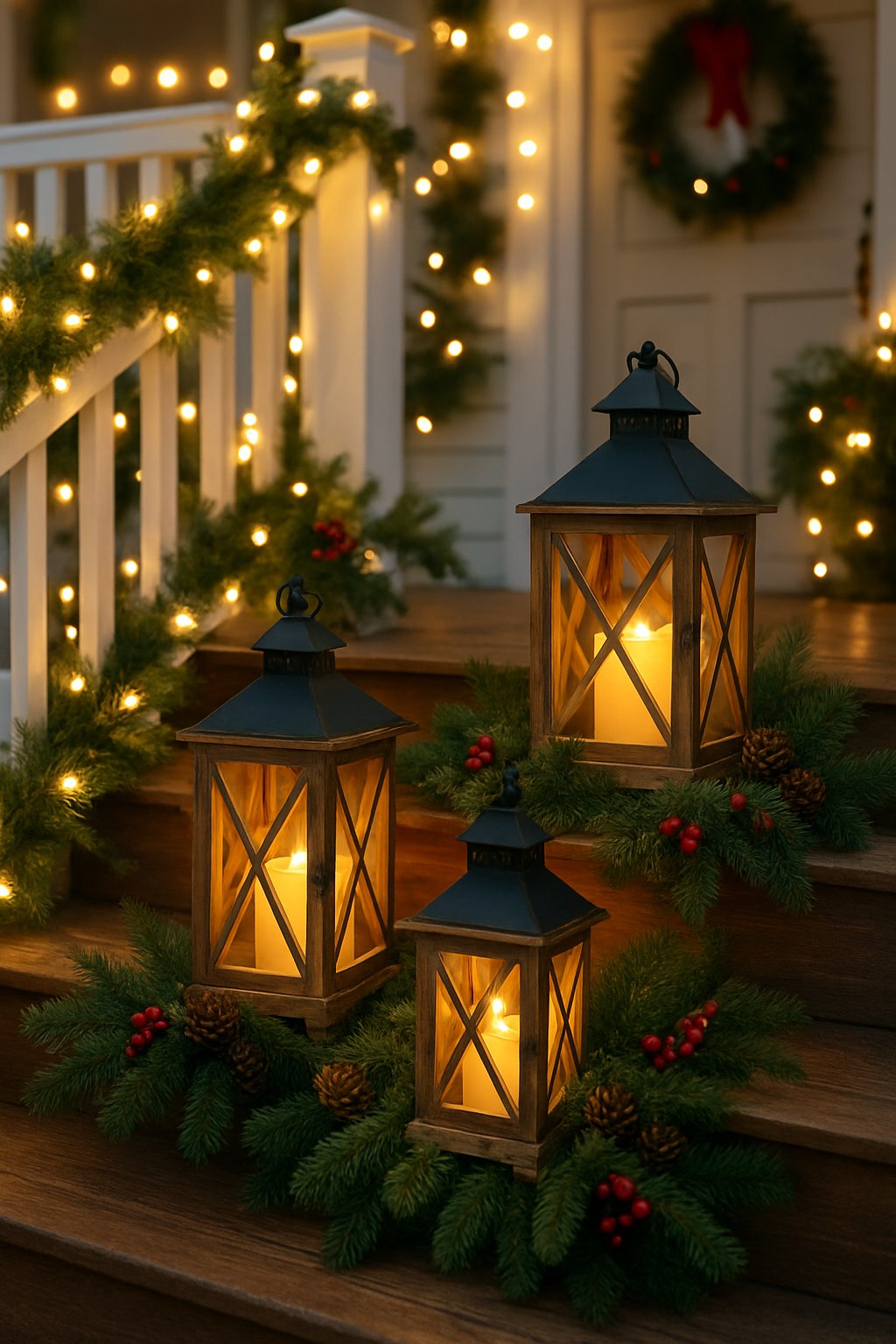 A porch decorated for Christmas with rustic wooden lanterns containing flameless LED candles, surrounded by pine branches and holiday greenery.