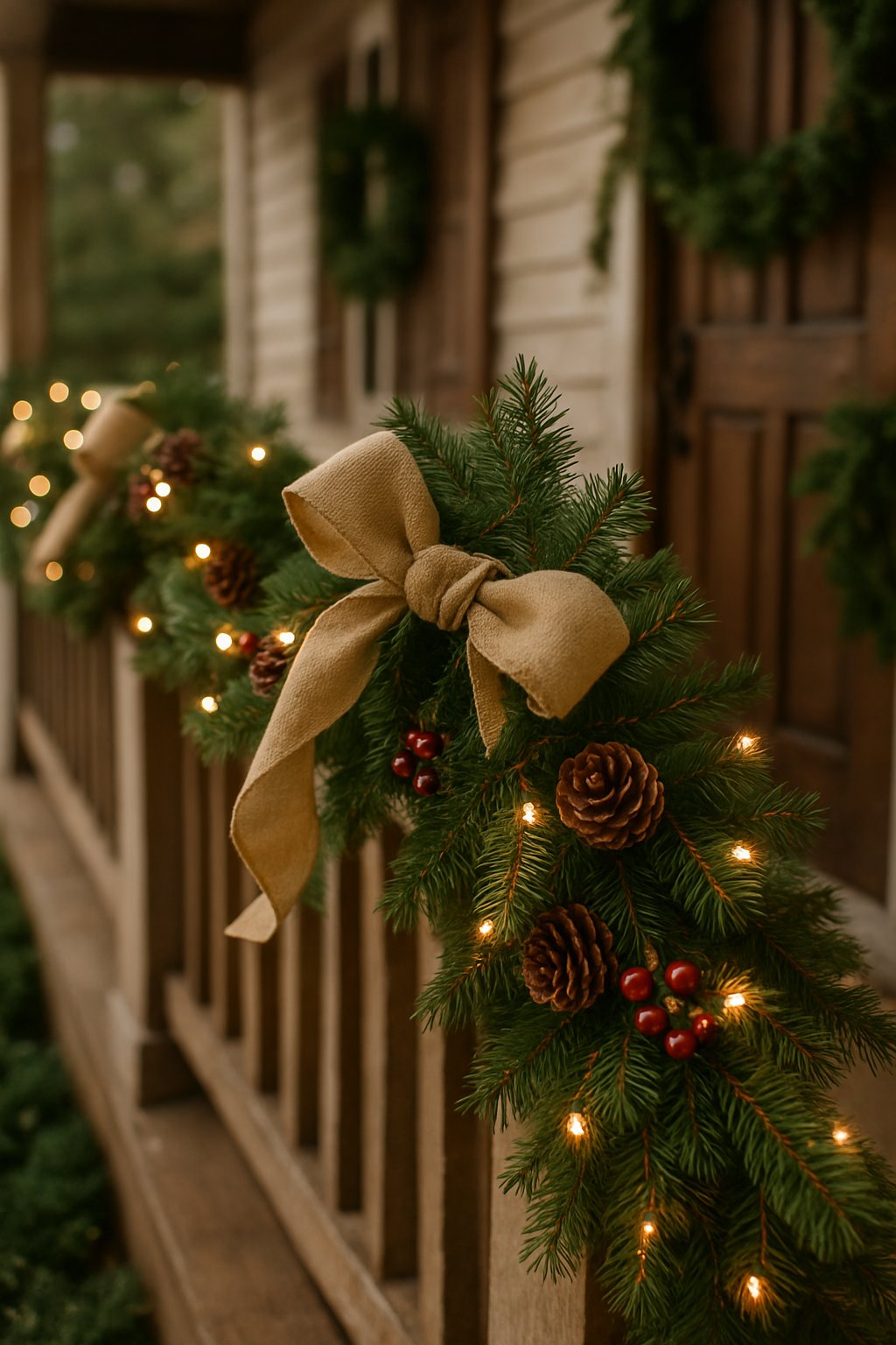 Front porch decorated with burlap ribbons and green garlands for Christmas.