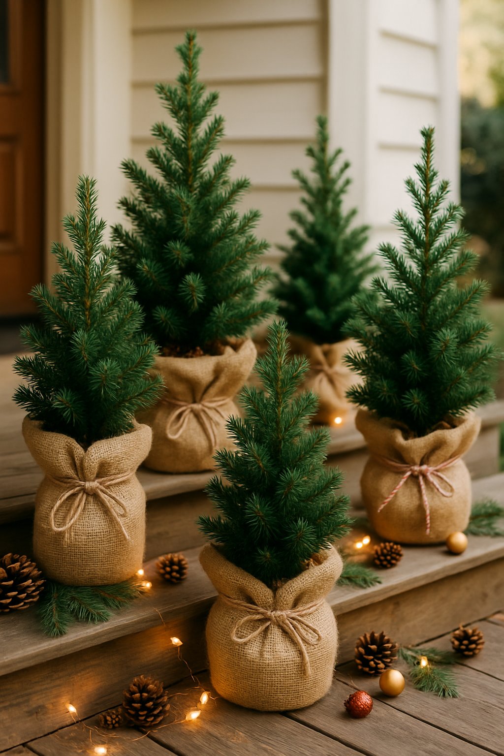 Several small potted Christmas trees wrapped in burlap placed on a porch with holiday decorations.