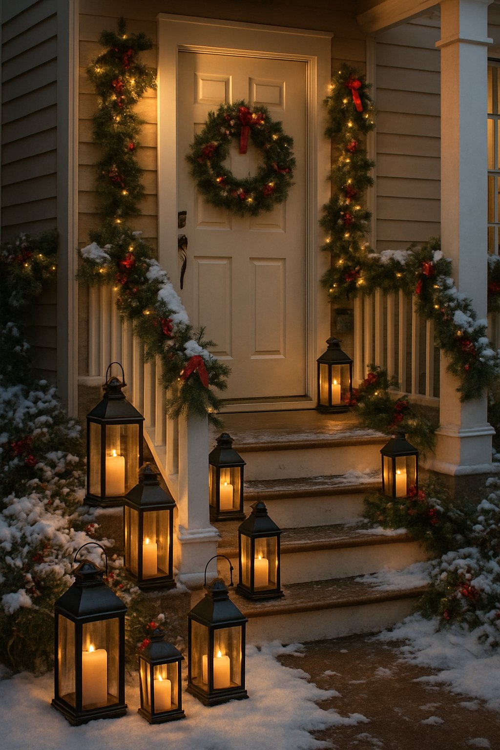 Front porch decorated with vintage lanterns containing glowing battery-operated candles and festive Christmas greenery.