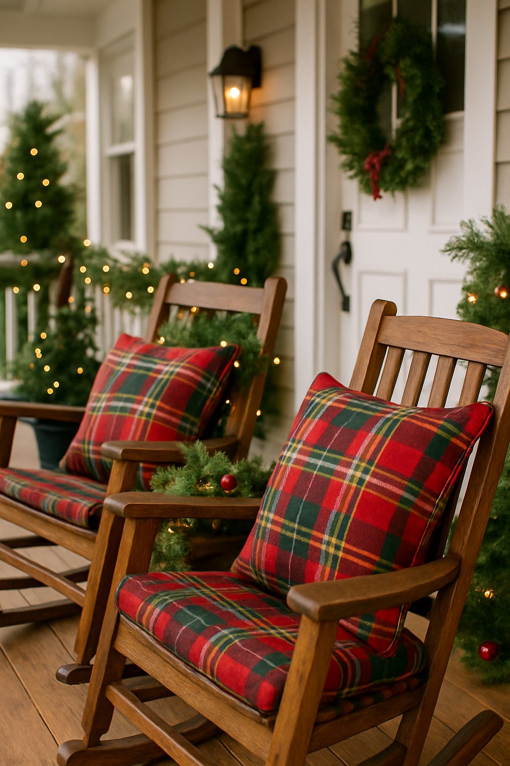 Porch chairs with red and green plaid cushions surrounded by Christmas decorations including pine garlands and fairy lights.