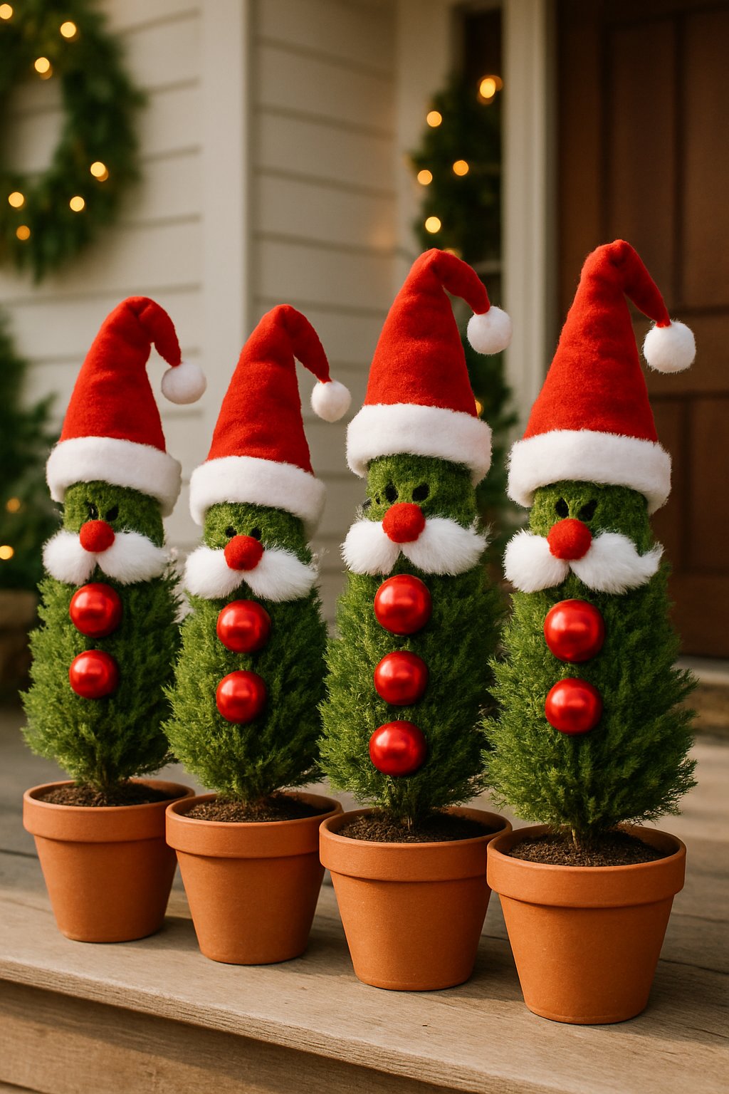 A row of small potted evergreen trees decorated like festive Santas on a front porch during Christmas.