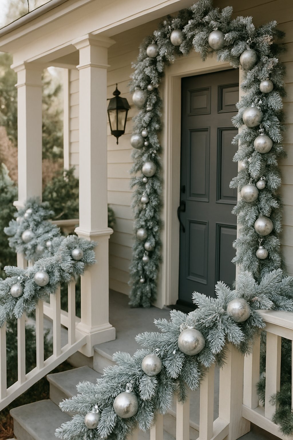 A porch decorated with garlands of frosted pine branches and silver Christmas ornaments.