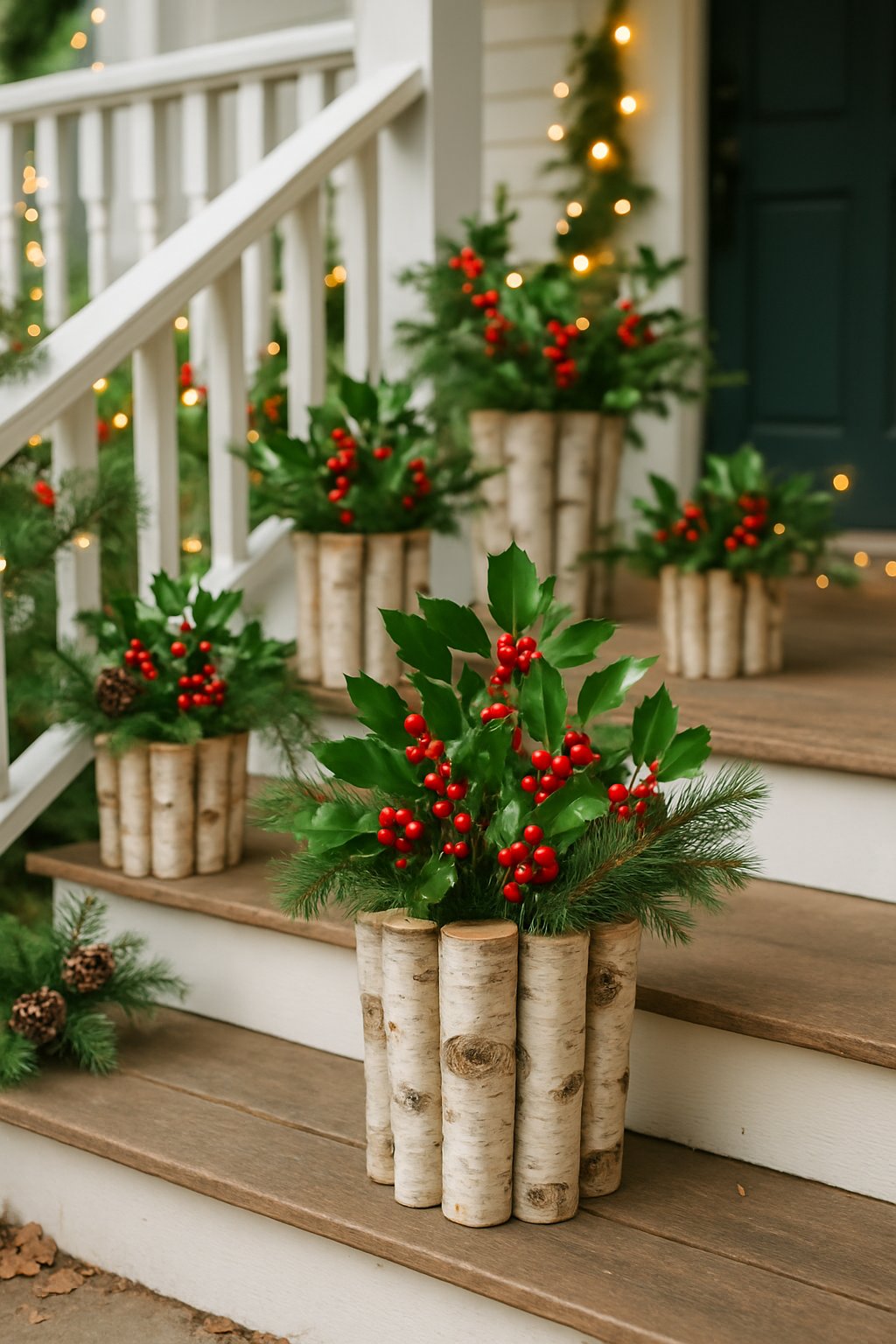 Porch decorated with birch branch planters filled with holly and pine for Christmas.