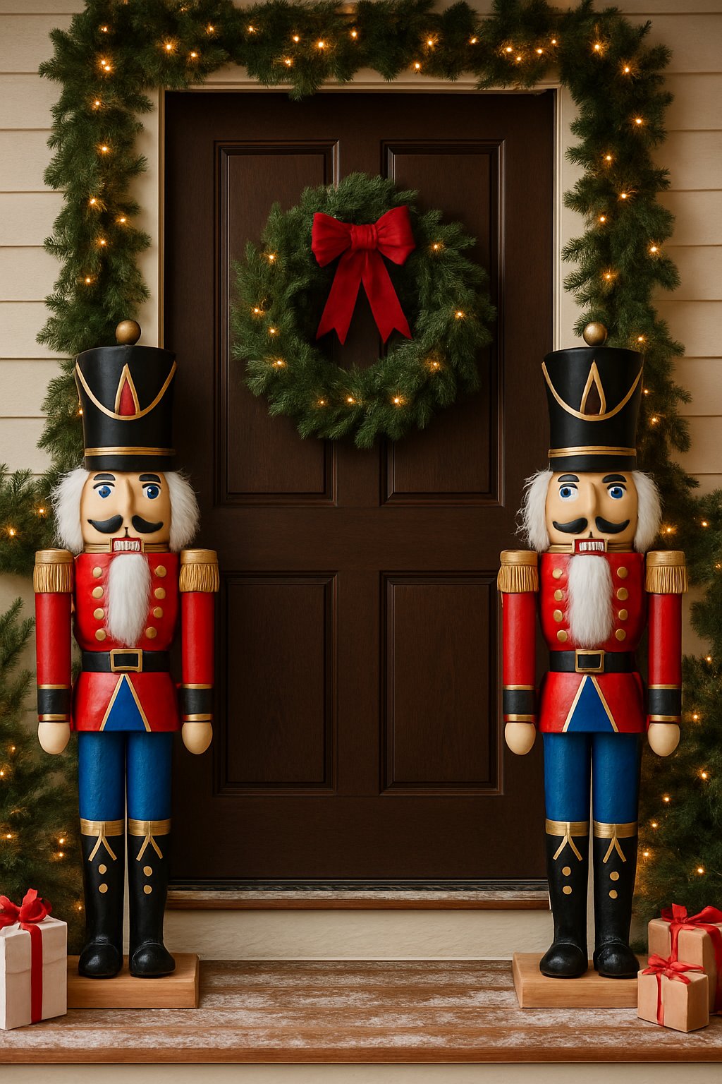 Two nutcracker soldier figurines standing on a decorated front porch by a front door with Christmas decorations.