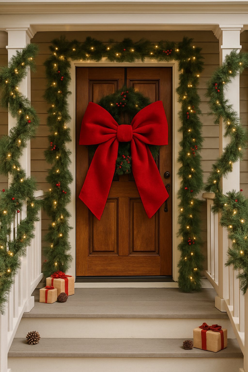 Front porch decorated for Christmas with a large red bow on the door, greenery, lights, and holiday accents.