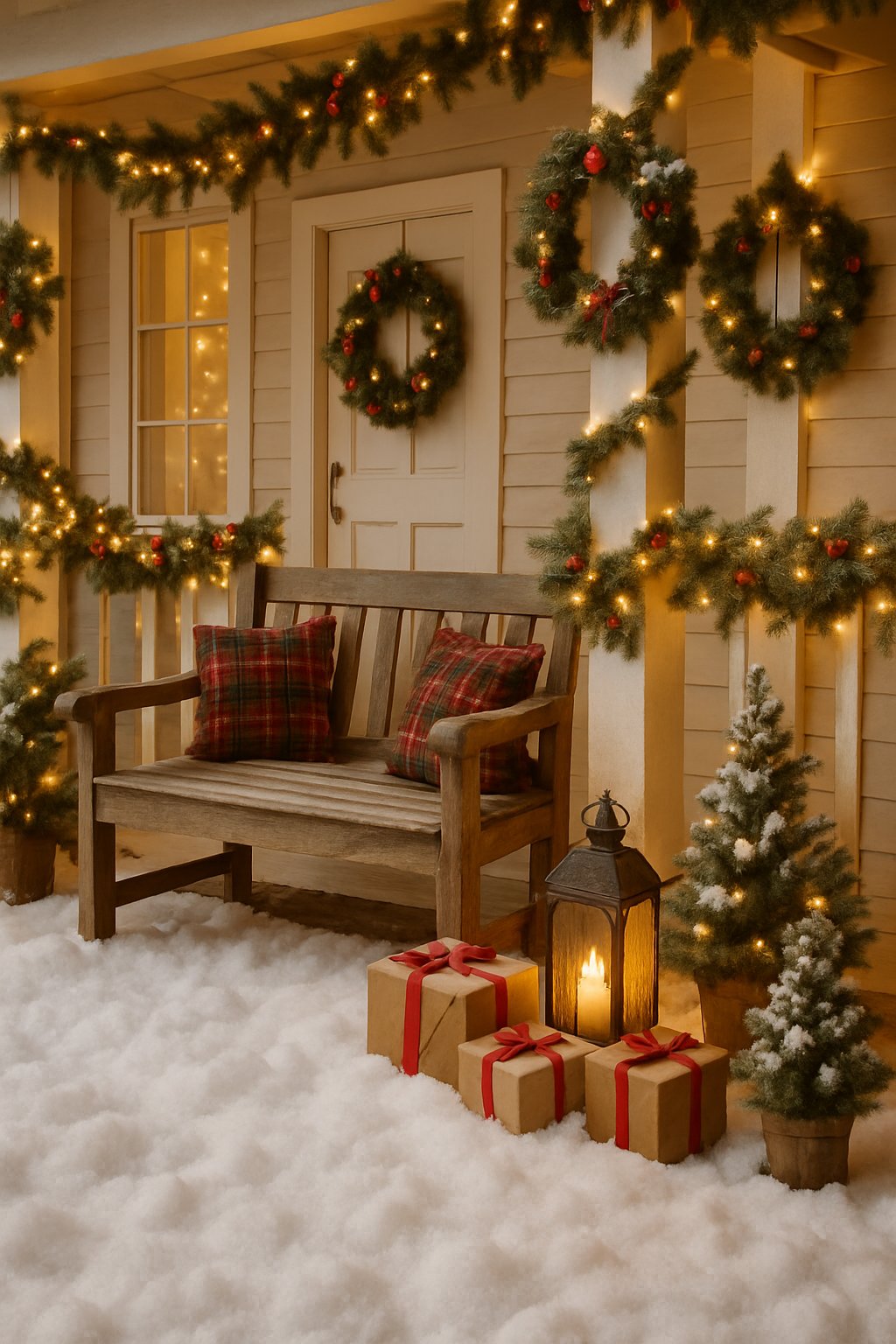 A porch floor covered with faux snow surrounded by Christmas decorations including a bench, pine garlands, wreaths, wrapped gifts, and glowing lanterns.